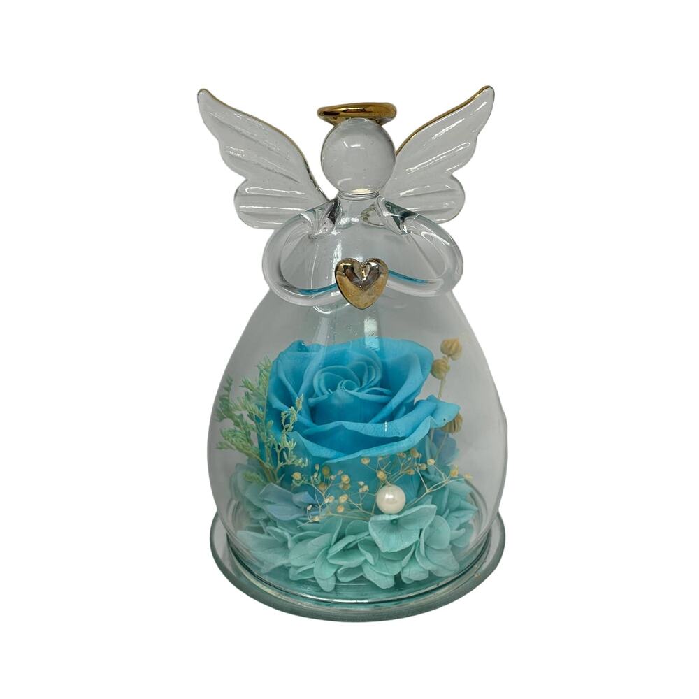 New Preserved Real Rose W/Crystal Glass Angel for Women, Wife, Mom, in Gift Box
